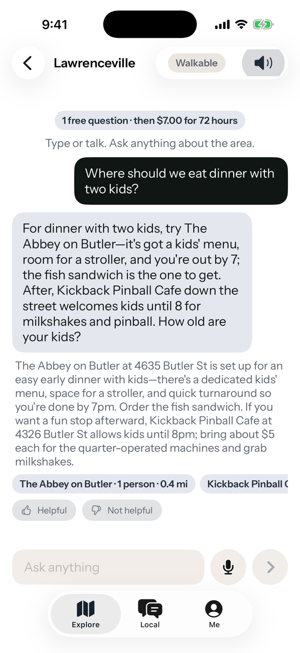 The Tisai app answering a question about dinner with kids in Lawrenceville, citing local tips